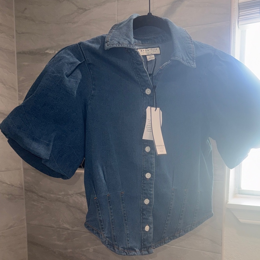 bagatelle Girls' Dark Blue Denim Button-Front Puff Sleeve Shirt